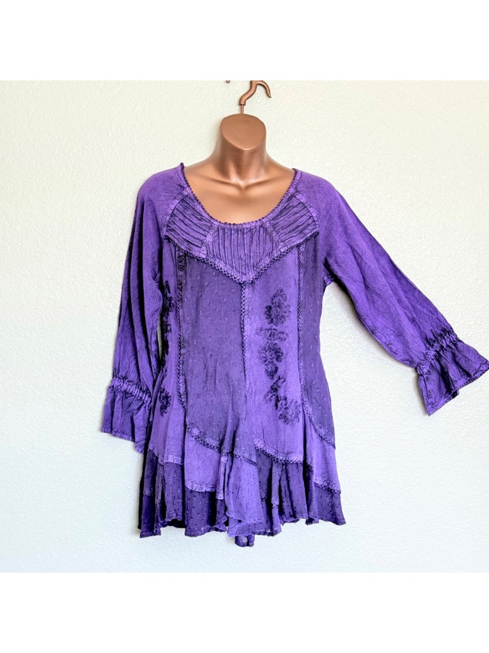 Purple Fairy Whimsigoth Acid Wash Floral Embroidered Ruffle Tunic Blouse Sz M